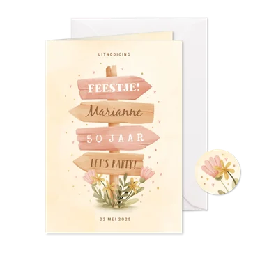 Uitnodiging wegwijzer met bloemen 50 jaar aanpasbaar